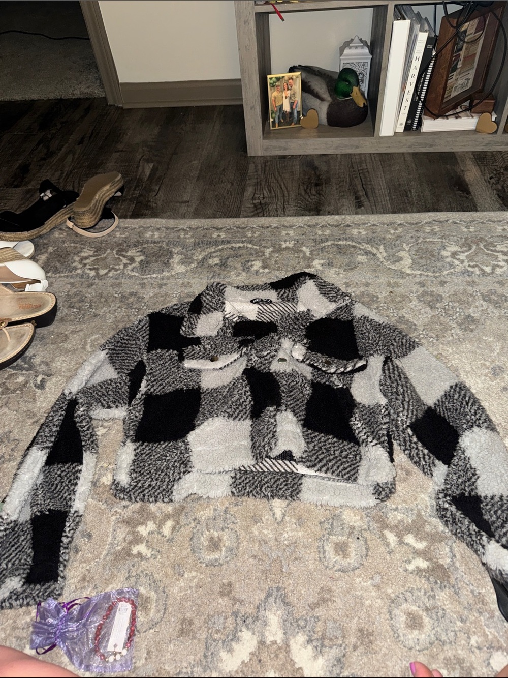 Cozy Black & Gray Plaid Fuzzy Cropped Sweater